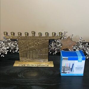 Vintage Solid Brass Jerusalem ‘Wailing Wall’ Menorah/Candle Set-Made in Israel
